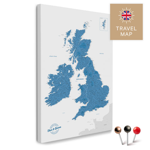 England & Great Britain Map with Ireland in Blue as a Push Pin Canvas for Pinning and Marking Travel Destinations