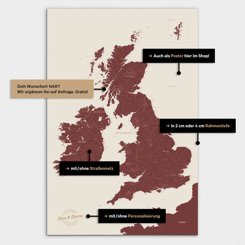 Vielfältige Konfigurationsmöglichkeiten einer England-Karte in Bordeaux Rot