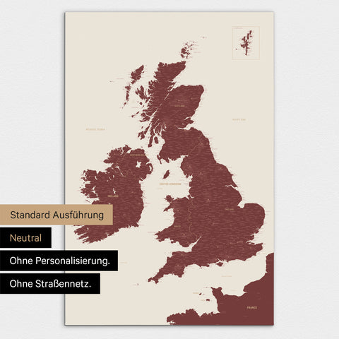 Neutrale Ausführung einer England-Karte in Farbe Bordeaux Rot ohne Personalisierung