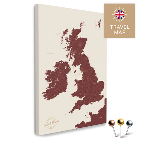 Englandkarte mit Irland in Farbe Bordeaux Rot als Pinnwand Leinwand zum Pinnen und Markieren von Reisezielen