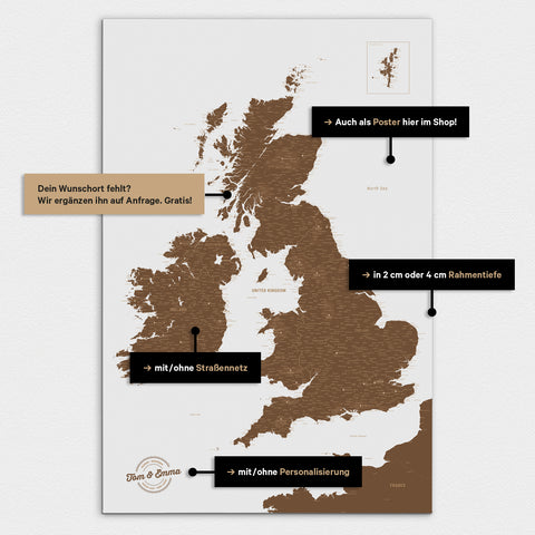 Vielfältige Konfigurationsmöglichkeiten einer England-Karte in Braun