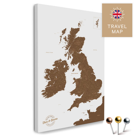 Englandkarte mit Irland in Farbe Braun als Pinnwand Leinwand zum Pinnen und Markieren von Reisezielen
