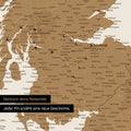 Detail of an England & Great Britain map as a bronze-colored pinboard canvas with a map section of Scotland