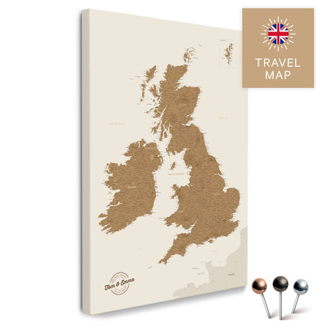 England & Great Britain Map with Ireland in Bronze as a Push Pin Map Canvas for Pinning and Marking Travel Destinations