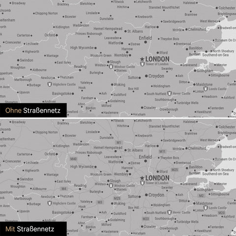 England (Großbritannien) & Irland Karte TRAVEL® Pinn-Leinwand – Coolgray