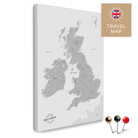England & Great Britain Map with Ireland in Cool Gray as a Push Pin Map Canvas for Pinning and Marking Travel Destinations