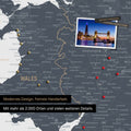 Excerpt of a map of Wales and England in Denim Blue with pins to mark visited destinations