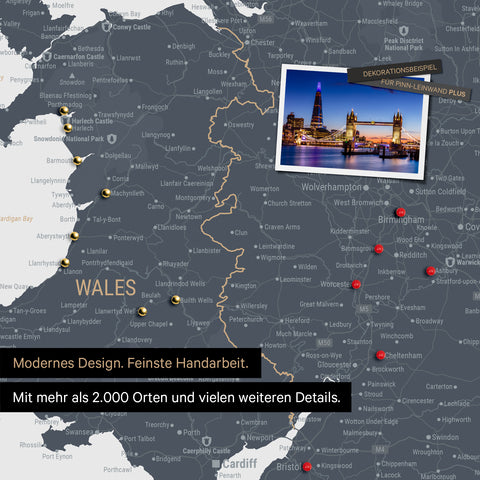 Excerpt of a map of Wales and England in Denim Blue with pins to mark visited destinations