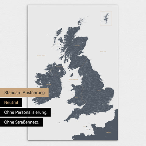 Neutrale Ausführung einer England-Karte in Farbe Denim Blue ohne Personalisierung