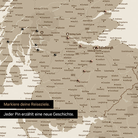 Detail of an England & Great Britain map as a Desert Sand-colored pinboard canvas featuring a map section of Scotland