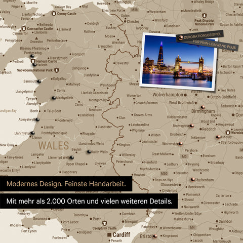 Detail of a map of Wales and England in Desert Sand, with pins marking visited destinations
