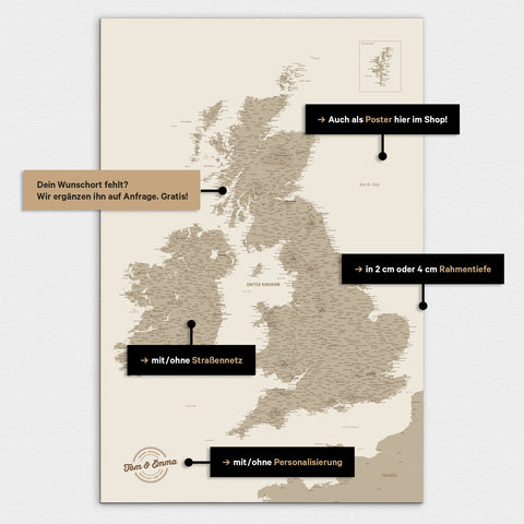Vielfältige Konfigurationsmöglichkeiten einer England-Karte in Desert Sand (Beige)