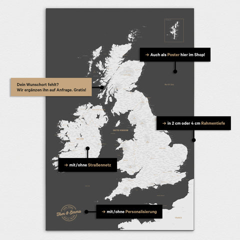 Vielfältige Konfigurationsmöglichkeiten einer England-Karte in Dunkelgrau