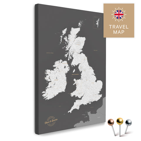 England & Great Britain Map with Ireland in Dark Gray as a Push Pin Map Canvas for Pinning and Marking Travel Destinations