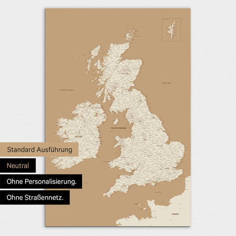 Neutrale Ausführung einer England-Karte in Farbe Treasure Gold (Gold-Beige) ohne Personalisierung