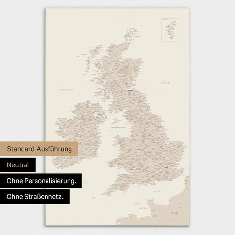 Neutrale Ausführung einer England-Karte in Farbe Gold ohne Personalisierung