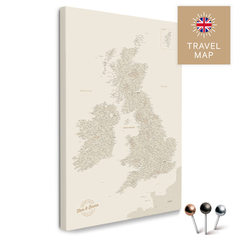 England & Great Britain Map with Ireland in Gold as a Push Pin Map Canvas for Pinning and Marking Travel Destinations