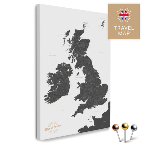 Englandkarte mit Irland in Farbe Light Gray als Pinnwand Leinwand zum Pinnen und Markieren von Reisezielen