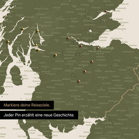Detail of an England & Great Britain map as an Olive Green pinboard canvas with a map section of Scotland