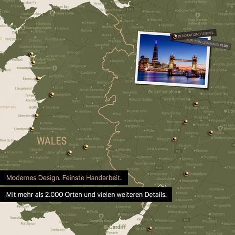Section of a map of Wales and England in Olive Green, with pins marking visited travel destinations
