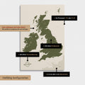 Various configuration options for an England & Great Britain map in Olive Green