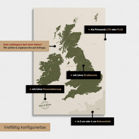 Various configuration options for an England & Great Britain map in Olive Green