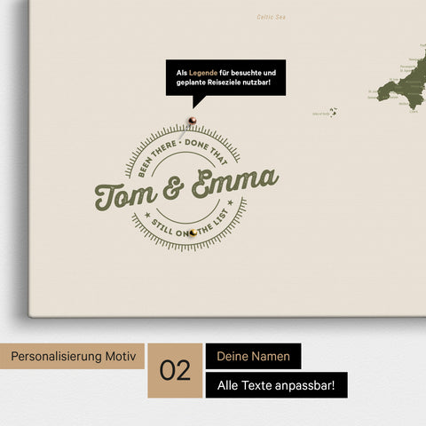 Personalized England map as a Push Pin Map in Olive Green with printed names and a legend for marking places visited