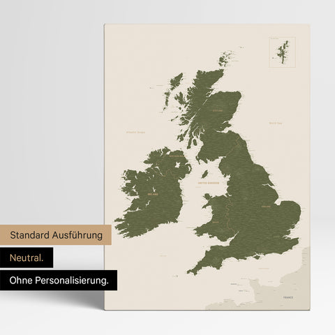 Neutral version of an England & Great Britain map in Olive Green, without personalization