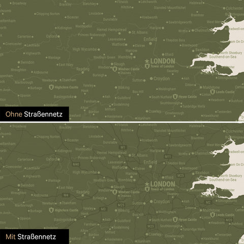 England (Great Britain) & Ireland map TRAVEL® Push Pin Map – Olive Green