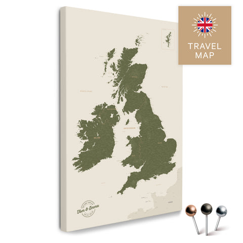 England & Great Britain Map with Ireland in Olive Green as a Push Pin Map Canvas for pinning and marking travel destinations