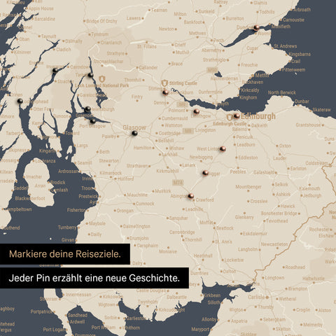Detail of an England & Great Britain map as a pinboard canvas in Hale Navy (blue-gold), featuring a map section of Scotland