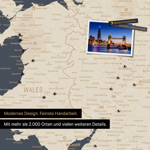 Colorful map section of Wales and England in Hale Navy (blue and gold), with pins marking visited destinations
