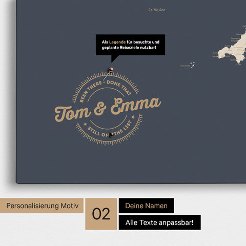 Personalized England map as a Push Pin Map in Hale Navy (blue and gold), with printed names and a legend for marking visited places