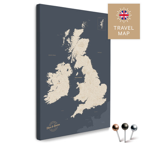England & Great Britain Map with Ireland in Hale Navy (Blue-Gold) as a Push Pin Map Canvas for Pinning and Marking Travel Destinations