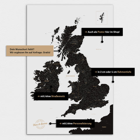 Vielfältige Konfigurationsmöglichkeiten einer England-Karte in Light Black