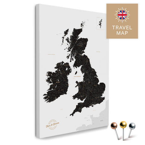 Map of England & Great Britain with Ireland in Light Black as a Push Pin Map canvas for pinning and marking travel destinations