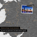 Section of a map of Wales and England in Light Gray with pins to mark visited destinations
