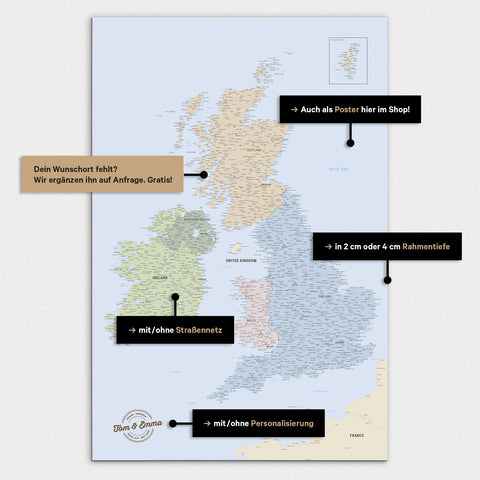 Vielfältige Konfigurationsmöglichkeiten einer England-Karte in Multicolor Atlas