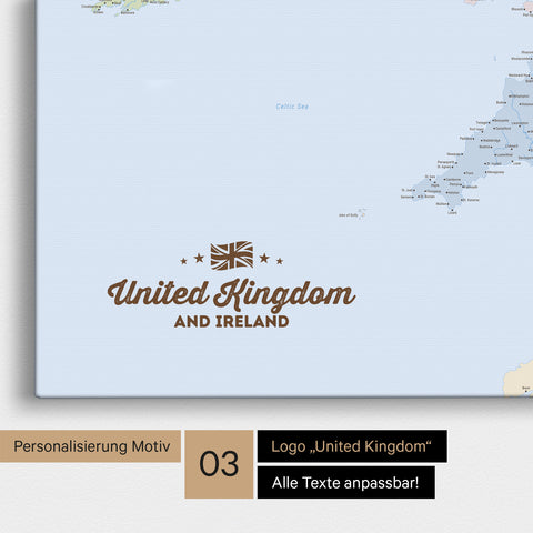 Karte von Großbritannien in Farbe Multicolor Atlas als Leinwand zum Pinnen mit einer optionalen Personalisierung „United Kingdom“