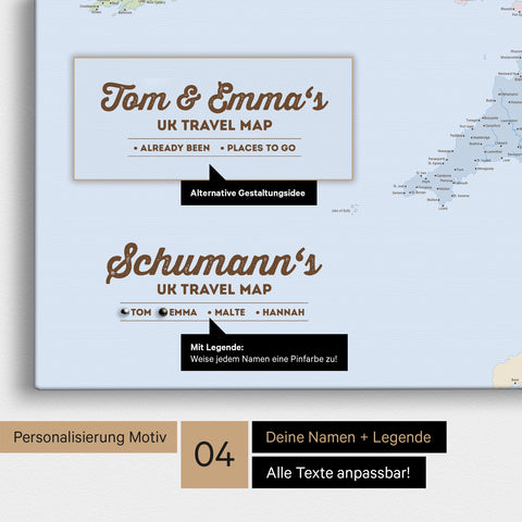 England-Karte als Leinwand zum Pinnen in Farbe Multicolor Atlas mit Personalisierung in Form eines Logos für Familiennamen