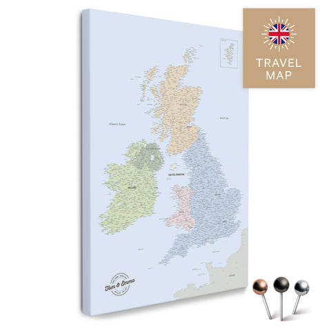 Political England & Great Britain Map with Ireland in Multicolor Atlas as a Push Pin Map Canvas for Pinning and Marking Travel Destinations