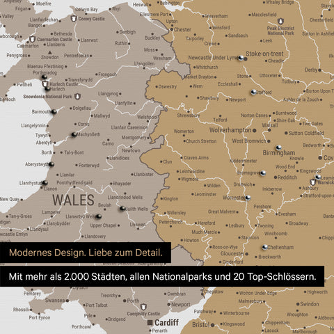 Ausschnitt einer Landkarte von Wales und England in Farbe Multicolor Beige mit Pins zur Markierung von besuchten Reisezielen