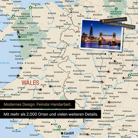 Excerpt of a map of Wales and England in the Multicolor Classic color scheme, with pins for marking visited destinations