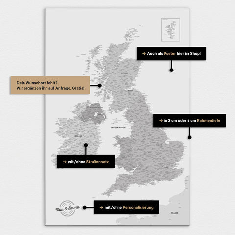 Vielfältige Konfigurationsmöglichkeiten einer England-Karte in Multicolor Grau