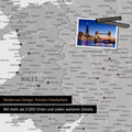 Section of a map of Wales and England in Multicolor Gray with pins for marking visited destinations