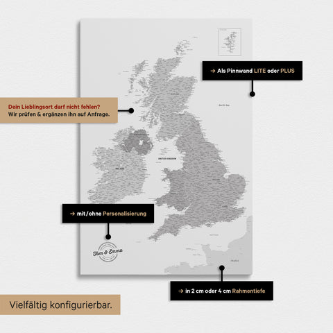 Extensive configuration options for an England & Great Britain map in Multicolor Gray