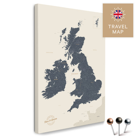 England & Great Britain Map with Ireland in Navy Light as a Push Pin Map Canvas for Pinning and Marking Travel Destinations