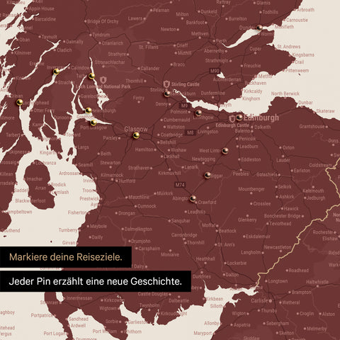 Detail of an England & Great Britain map as a Bordeaux red pinboard canvas with a map section of Scotland