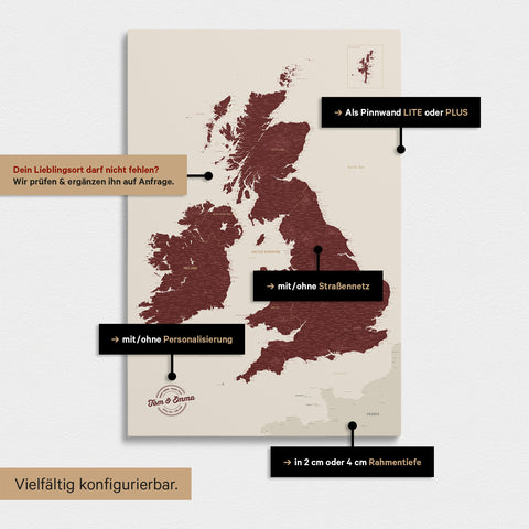 Versatile configuration options for an England & Great Britain map in Bordeaux red
