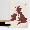 Neutral version of an England & Great Britain map in Bordeaux red without personalization